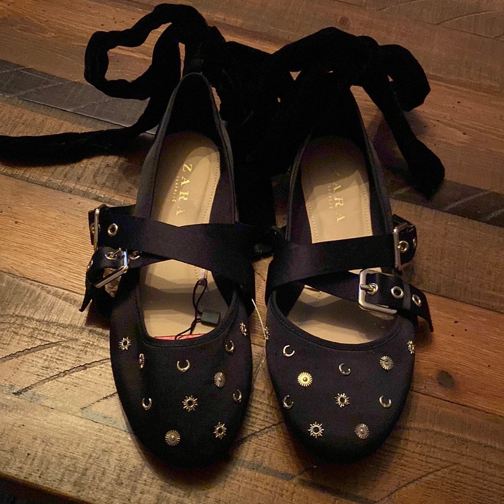 Satin Zara Black Ballet Flats with Buckles